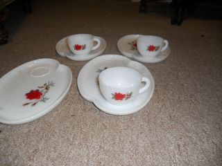 Vtg Federal Glass Rosecrest 6 Pc Luncheon Snack Tea Set Red Rose Cup Plates