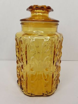 Amber Gold Covered Canister Jar Apothecary 9 1/8 " L E Smith Atterbury Scroll