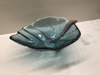 Rare Dynasty Gallery Glass Leaf Bowl - Blue Green With A Amethyst Stem.