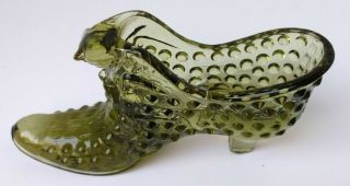 Vintage Fenton Art Glass Avocado Olive Green Hobnail Cat Head Shoe Slipper