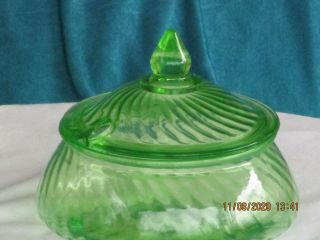 Hocking Green Depression Uranium Glass Spiral Covered Candy Jar Serving Dish