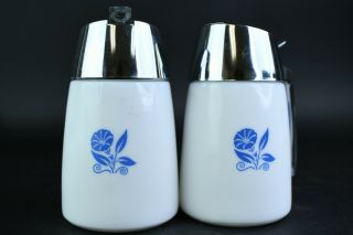 2 Pc.  Vintage Gemco Blue Cornflower Milk Glass Sugar & Creamer Dispenser Set
