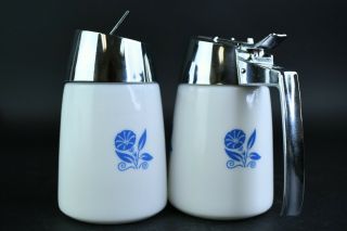 2 Pc.  Vintage Gemco Blue Cornflower Milk Glass Sugar & Creamer Dispenser Set 2