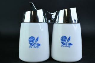 2 Pc.  Vintage Gemco Blue Cornflower Milk Glass Sugar & Creamer Dispenser Set 3