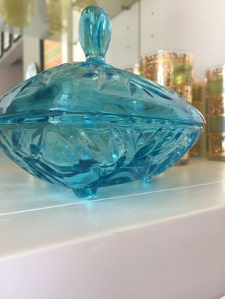 Vintage Pressed Glass Blue Covered Candy Dish With Lid Spinning Star On 3 Feet