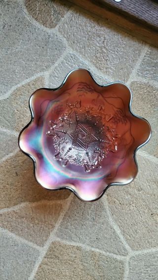 Northwood Carnival Glass Amethyst Purple Star Of David & Bows Bowl Dome Foot