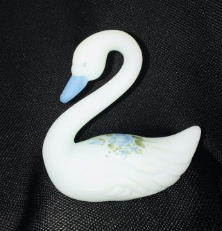 Vintage Fenton Art Glass Blue Satin Swan With Hand Painted Blue Rose Signed