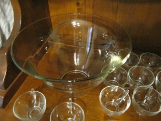 Vintage 15 Piece Crystal Glass Punch Bowl Set With 13 Cups,  And A Ladle