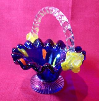 Vintage Murano Hand Blown Italian Blue Art Glass Basket Yellow Flowers Handle