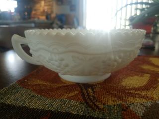 Vintage Imperial Glass Grape Pattern Satin Milk Glass Bowl With Handle