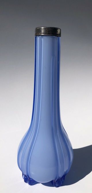 Vintage Blue Handblown Glass Vase With Silver Rim Made In London 1926