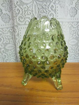 Vintage Fenton 3 Footed Olive Green Glass Hobnail Egg Shaped Art Glass Vase