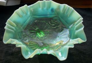 Eapg Northwood Glass Green Opalescent Footed Bowl Ruffles & Rings Pattern