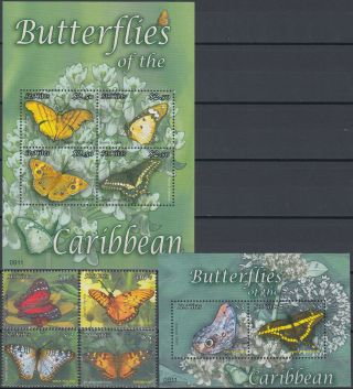 St Kitts Set & Both S/s Butterflies Of The Caribbean 2010 Mnh - 29,  20 Euro