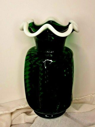 Fenton Art Glass Emerald Green Snow Crest Crimp Spiral Optic Vase - - Vtg