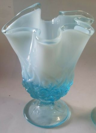 Pair (2) of Fenton (?) Antique C:1940 ' s Turquoise & Opalescent Glasses / Vases? 2
