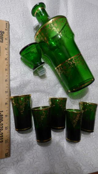 Vintage Green Glass Decanter & 5 Cordial Glasses Carafe Gold Trim