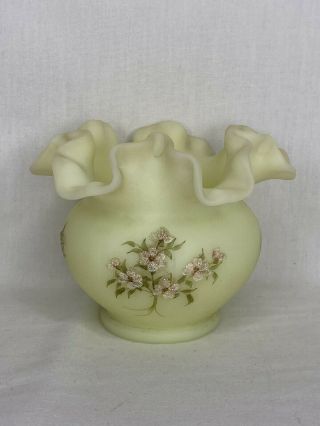Fenton Glass Pink Blossoms On Custard Hand Painted By Donna R Vase