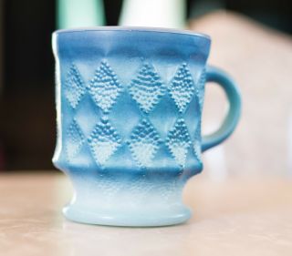 Vintage Fire King Blue Coffee Mug Cup Diamond Kimberly Pattern