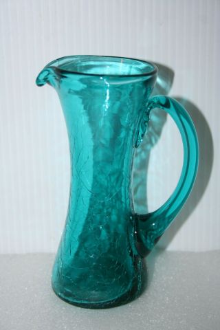 Turquoise Blue Blown Crackle Glass Pitcher Vase Applied Handle 5 - 3/4” Tall Vtg
