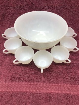 Vintage Anchor Hocking 50s Sandwich Ivory Milk Glass Punch Bowl And 7 Cups