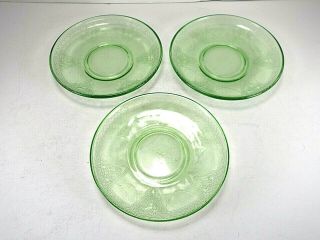 3 Federal Green Depression Glass Saucer Plates Uranium Vaseline Vintage Lacey