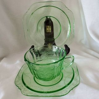 Vintage Federal Depression Glass Madrid Green Cup,  2 Saucers