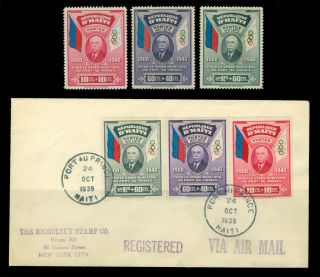 Haiti 1939 Olympics - Pierre De Coubertin Mnh Set,  Registered Airmail Cover To Ny