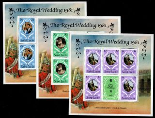 St Lucia - Sc 543 - 545 Sheets Of 5,  Label - Princess Diana Royal Wedding