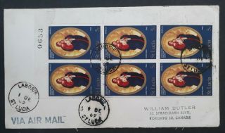 1969 St Lucia Airmail Cover Ties Block Of 6 X 5c Stamps Canc Laborie