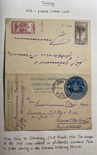 1914 Pera Turkey Pilot Postal Stationery Postcard Cover To Germany