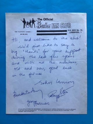 Beatles Fan Club Liverpool “welcome To The Club” Letter Freda Kelly Memorabilia