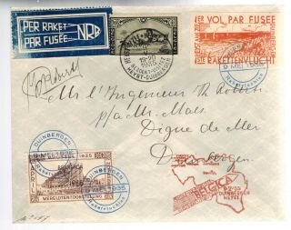 1935 Duinbergen Belgium Rocket Mail Cover W/ Cinderella Stamps Roberti Signed