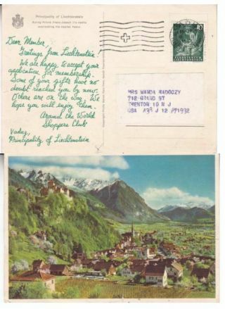 1955 Liechtenstein 248 On " Around The World Shopper Club " Post Card To Us D