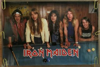 Vintage 1984 Iron Maiden Band At Pool Table Poster Rock Heavy Metal