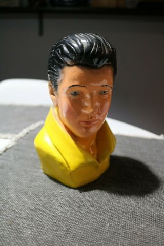 Vintage Chalkware Bust Bank Of Elvis Presley In Yellow Shirt