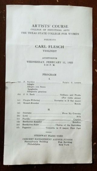 Carl Flesch Violin Texas College 1 Page Program Blank Reverse Feb 11 1925