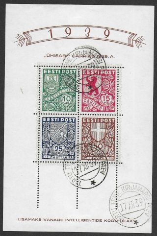 Estonia Stamps 1939 Mi Bloc 3 Canc Vf