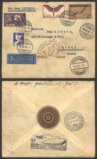 Switzerland 1932 - Zeppelin Flight Air Mail Cover To Brazil D732