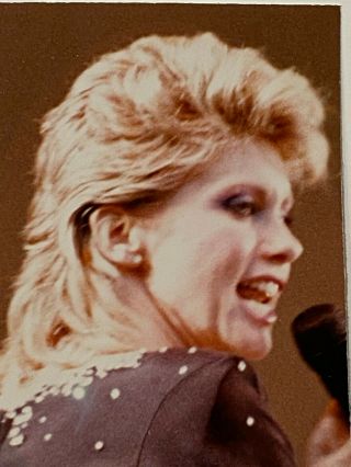 Early 80 ' s Candid Personal Photo of Olivia Newton John w/ Mic on Stage 2