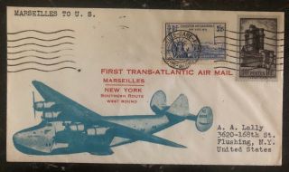 1939 Marseille France First Flight Cover Ffc To Flushing Ny Usa Transatlantic