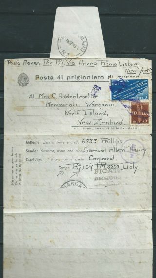 1943 Prisoner Of War In Italy : Special Airmail Cover With Censor,  Rare