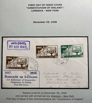 1958 Limerick Ireland First Day Cover Fdc To Rochester Ny Usa Constitution Day