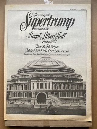 Supertramp Royal Albert Hall 1976 Poster Sized Music Press Advert From
