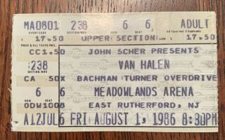 Van Halen / Bto Concert Ticket Stub August 1 1986 Jersey Meadowlands Eddie