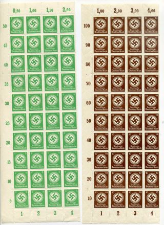 1934 3rd Reich 5 And 10 Pfg Swastika Official Stamps Part Sheets Of 40 Mnh