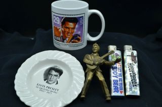 Group Of 5 Elvis Presley Souvenirs - 2 Lighters,  Gold Elvis Ornament,  Ashtray&mug