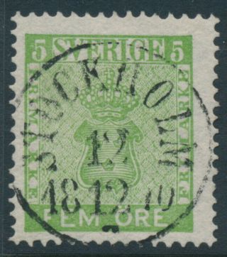 Sweden - 1858 5öre Yellow - Green Coat Of Arms,  – Facit 7c²,  Scott 6