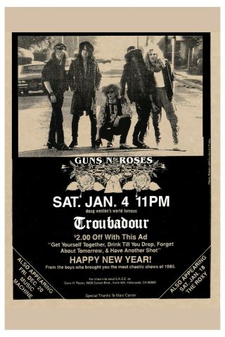 Guns & Roses At The Troubadour In Los Angeles Concert Poster 1986 12x18
