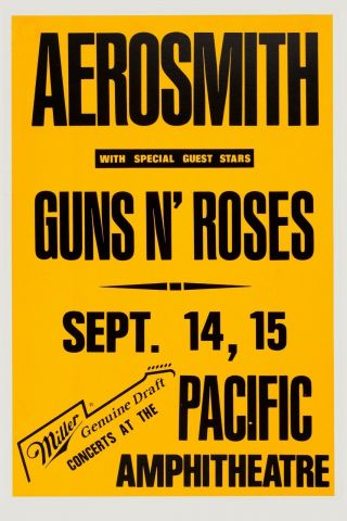 Aerosmith With Guns & Roses At Pacific Ampitheatre Concert Poster 1988 12x18